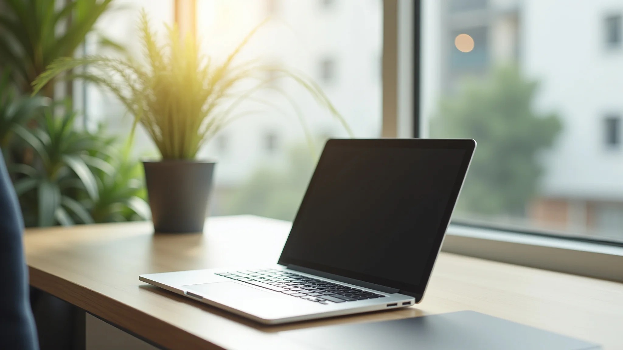 Mesa pequena para home office com laptop, planta e decoração minimalista.