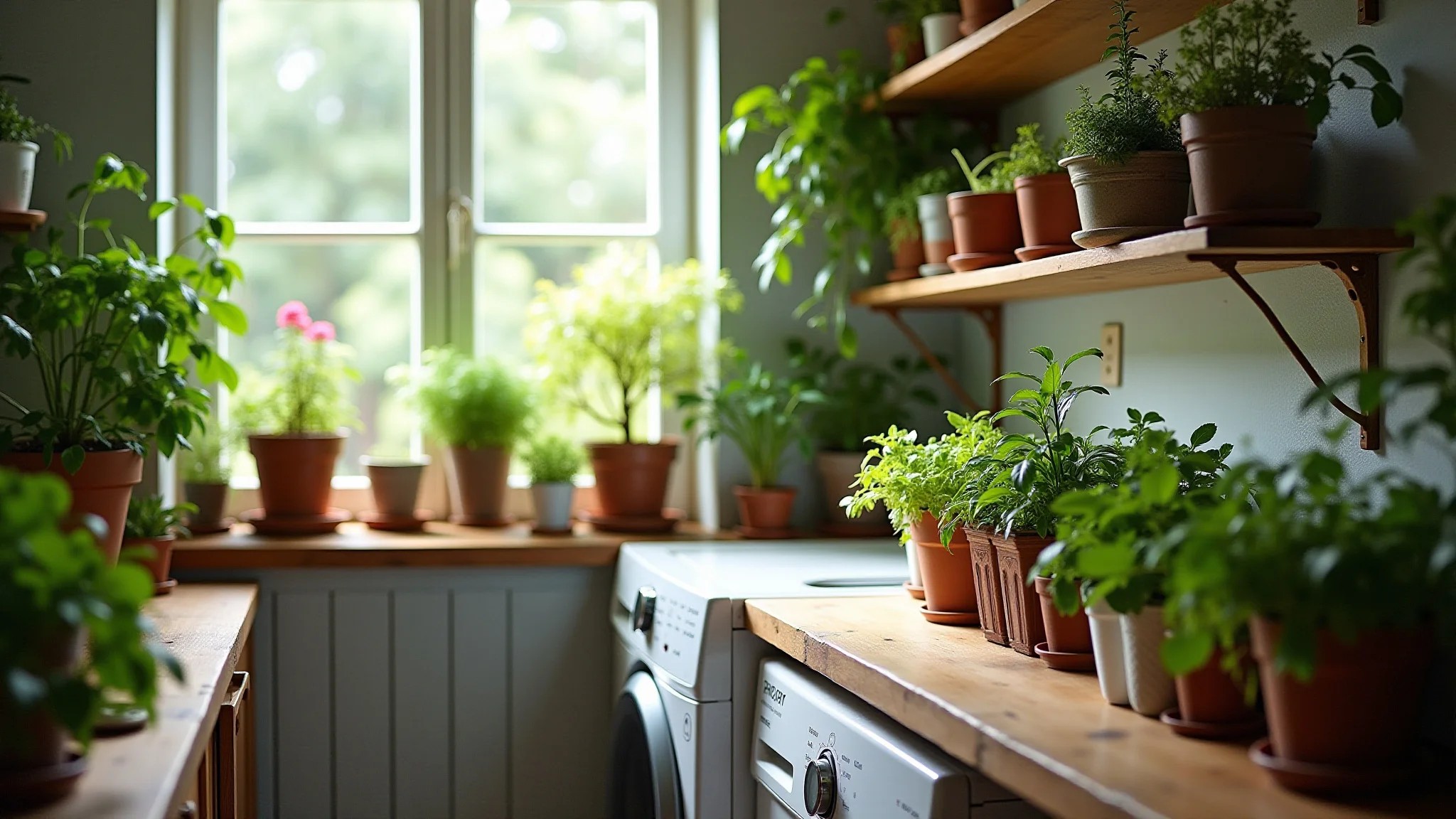 Lavanderia pequena transformada em horta de ervas vibrante, plantas em vasos, luz natural.