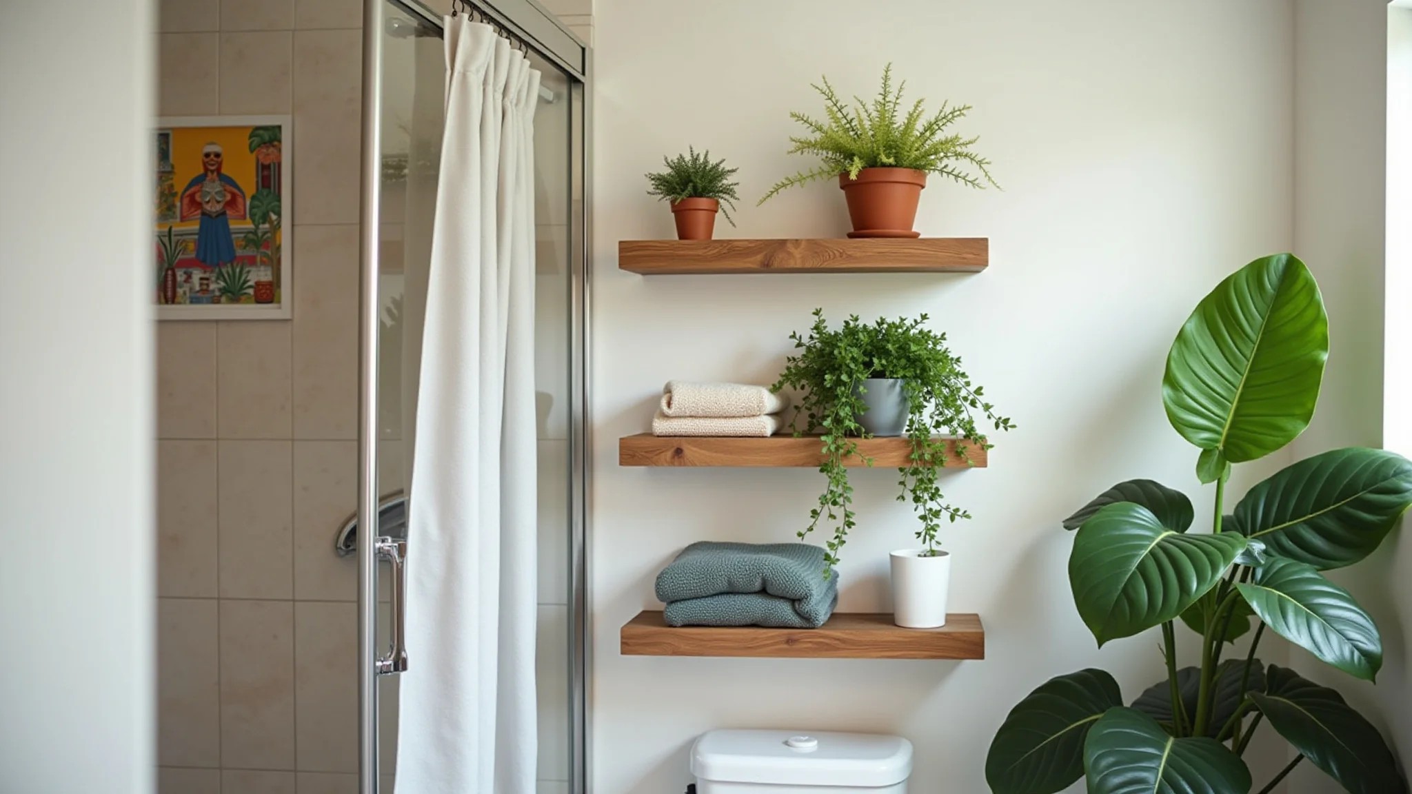 Banheiro pequeno e organizado com prateleiras de madeira flutuantes, plantas e decoração brasileira colorida.