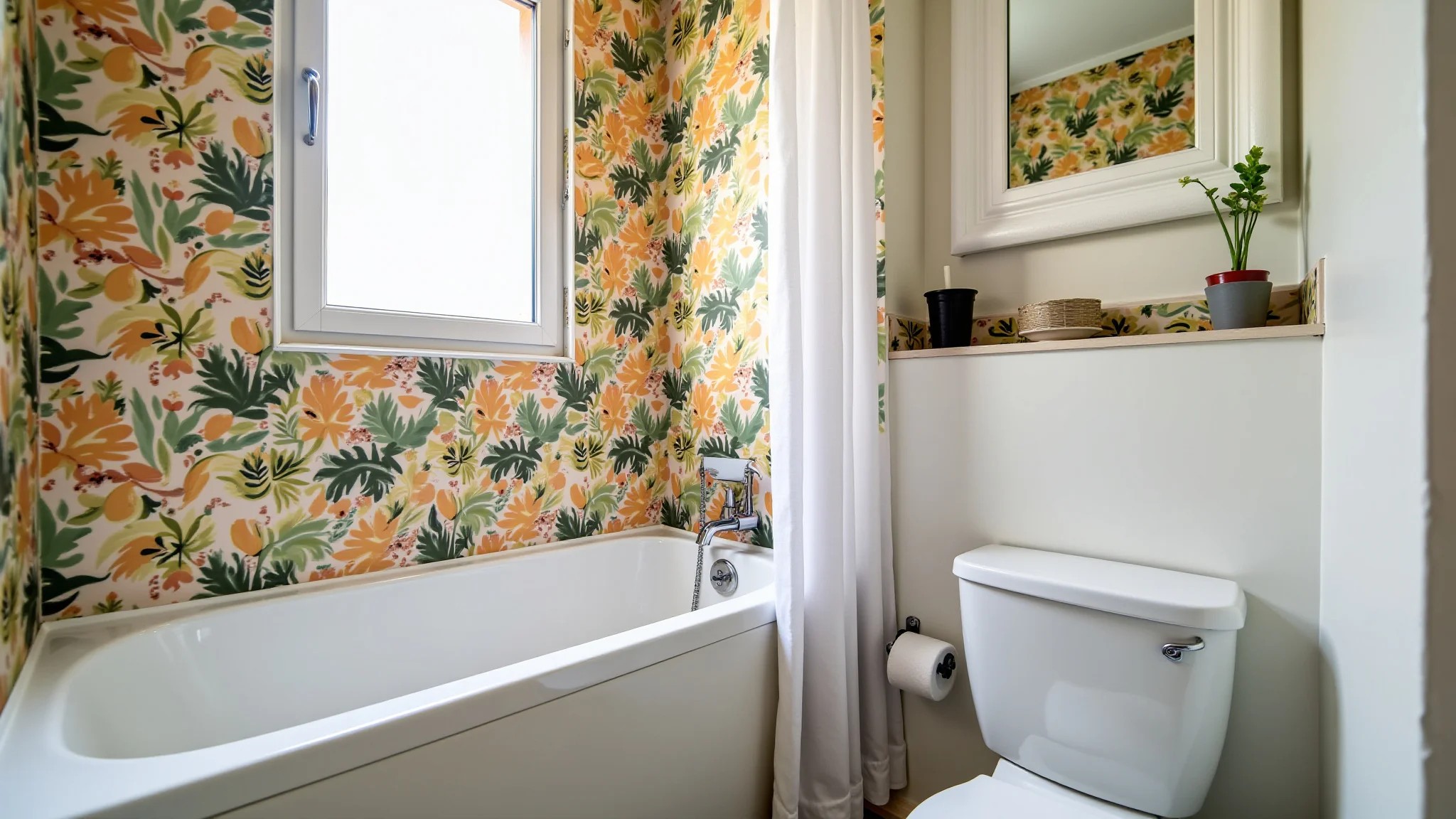 Banheiro de apartamento alugado, renovado com papel de parede removível e acessórios coloridos.