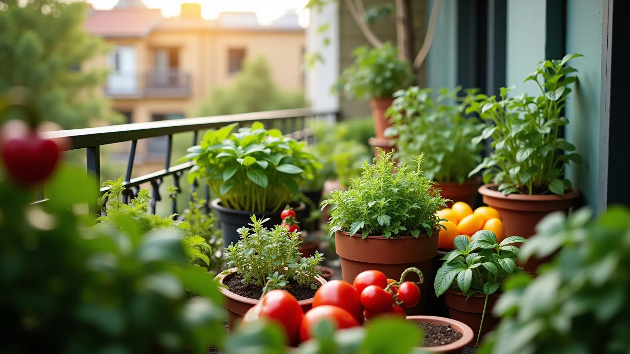 Horta exuberante em varanda de apartamento, com ervas e vegetais frescos.