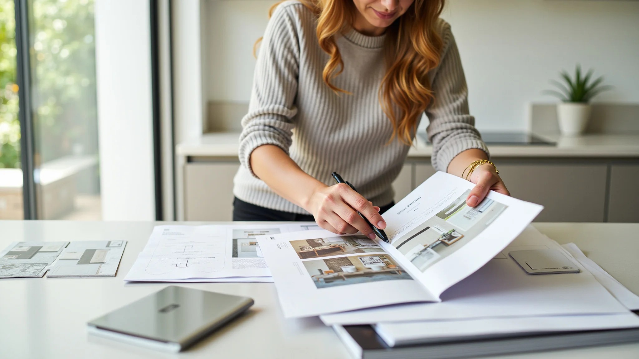 Mulher planejando a reforma do banheiro com amostras de azulejos e revistas de design.