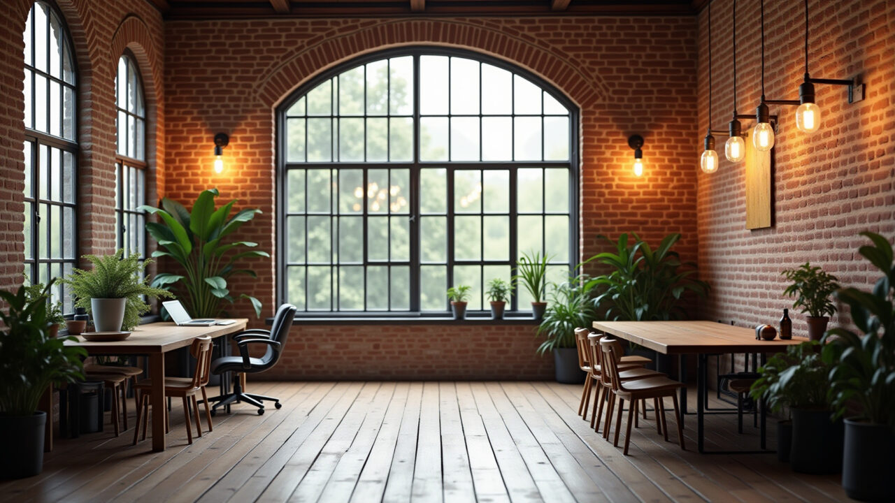 Escritório rústico iluminado com luz natural e lâmpadas industriais.