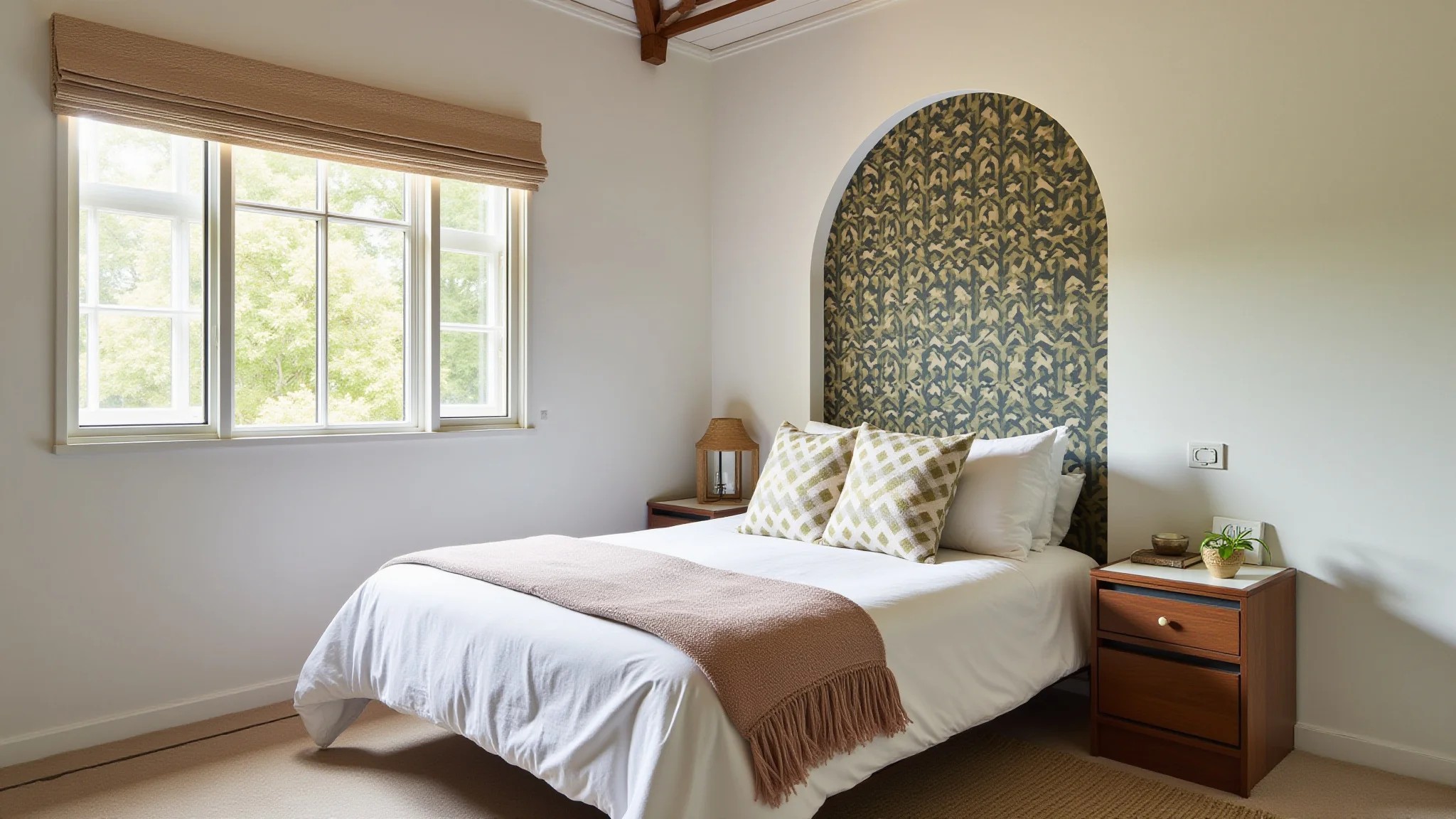 Quarto pequeno com parede de destaque com papel de parede. Estilo Farm Rio, iluminação natural.