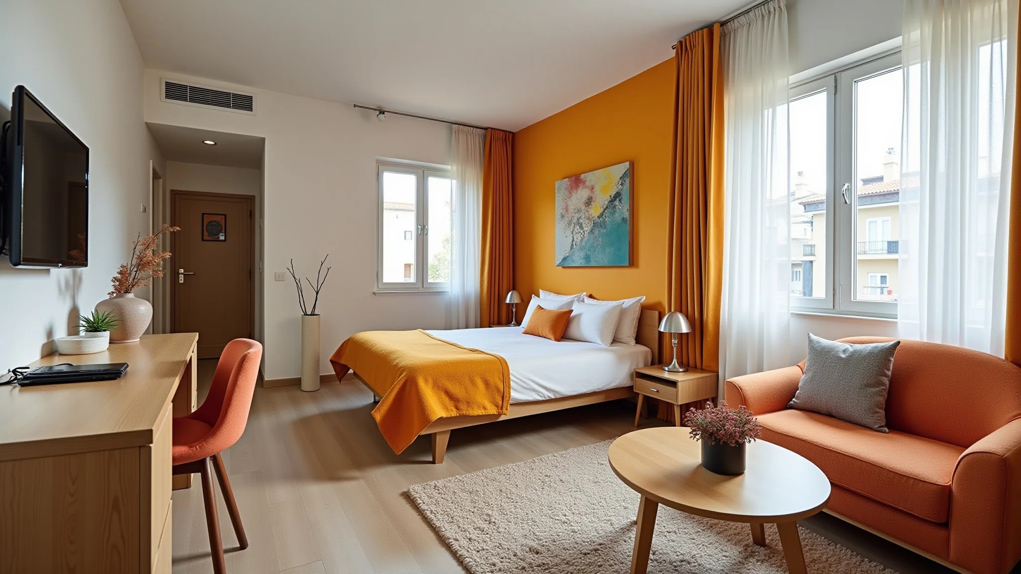 Apartamento studio moderno e funcional com decoração brasileira vibrante e aconchegante.