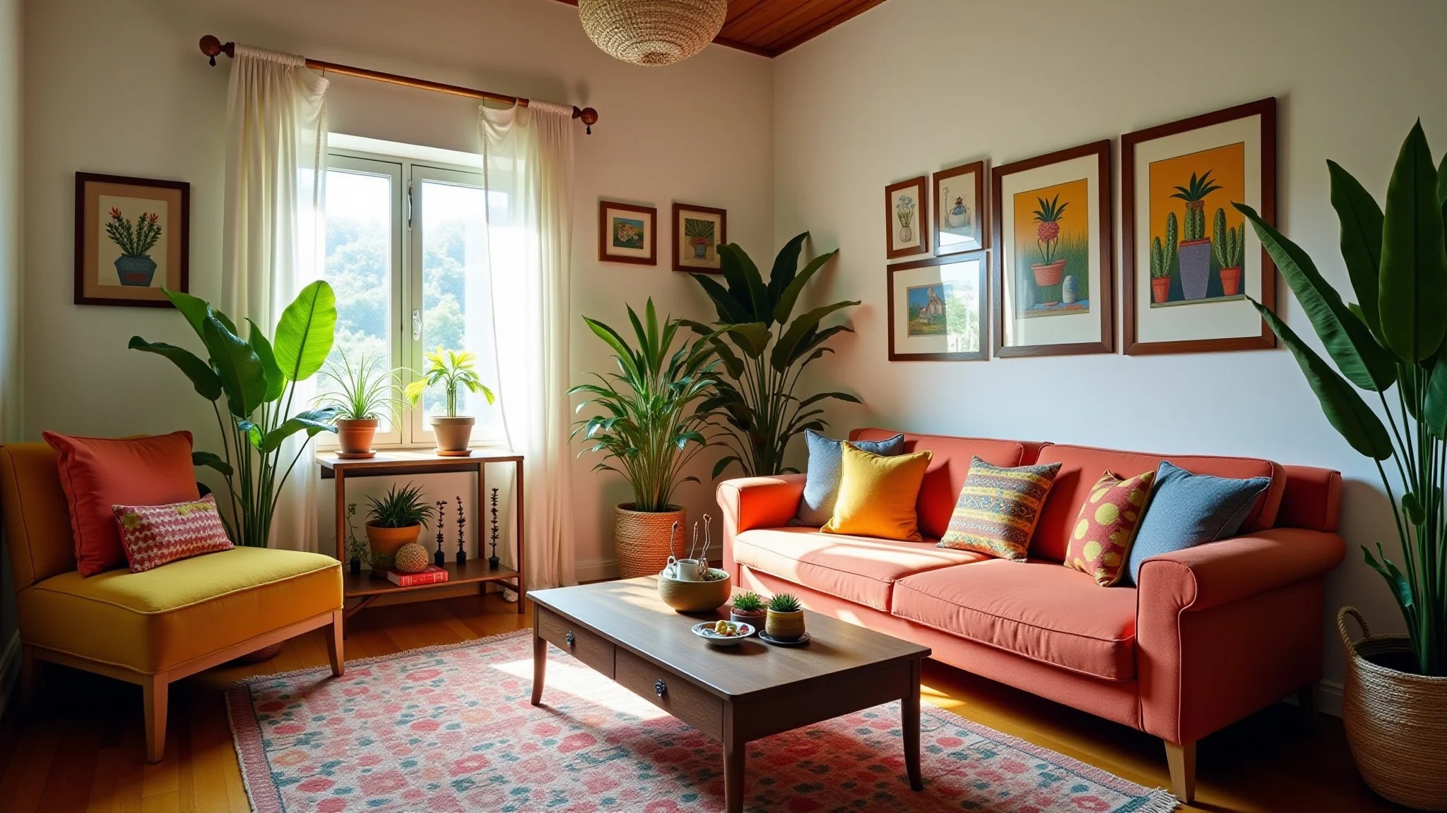 Sala de estar pequena decorada com estilo brasileiro vibrante e aconchegante.