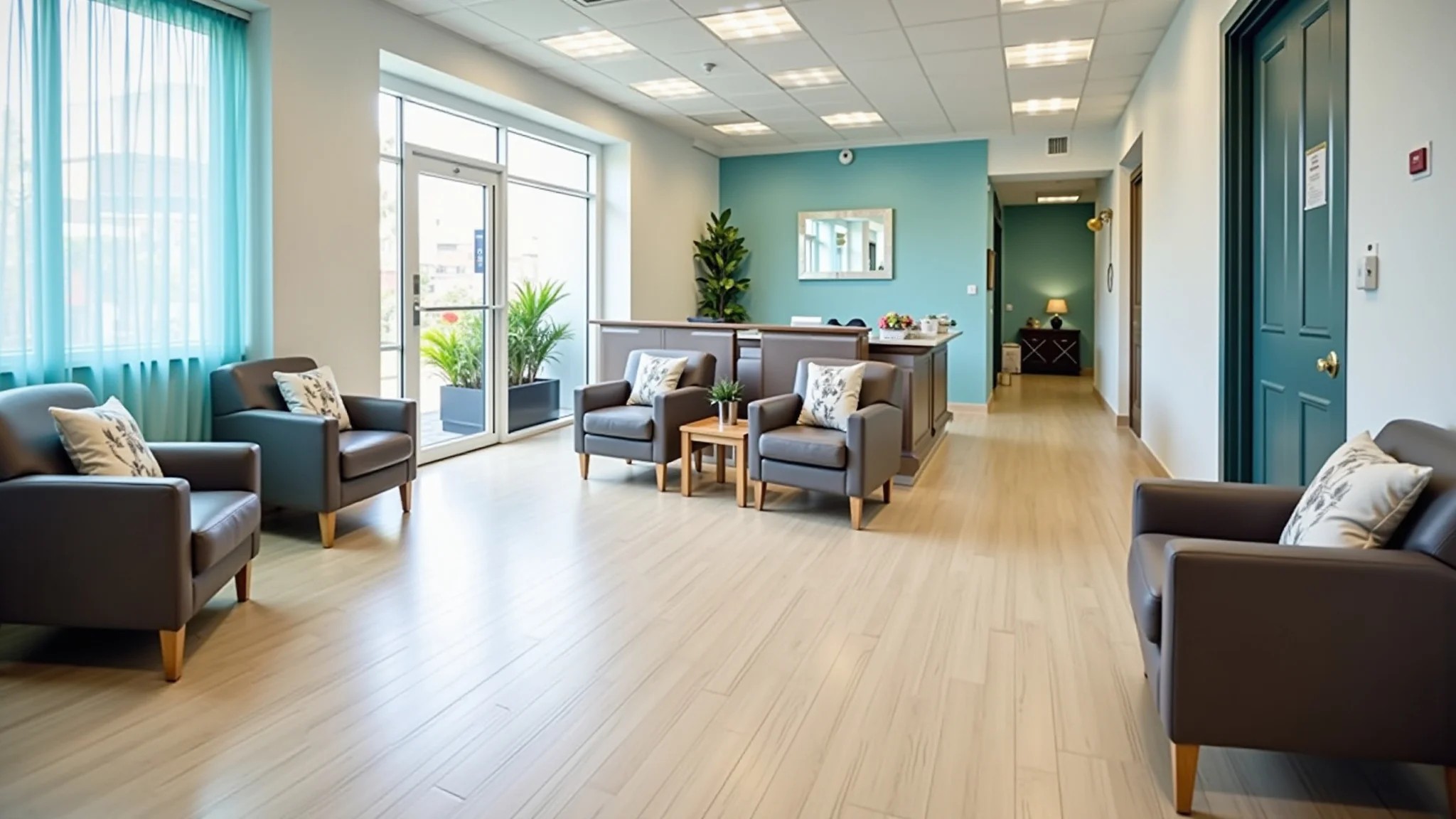 Sala de espera clara com piso vinílico, assentos confortáveis e ambiente acolhedor.