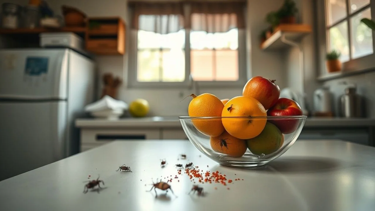 Atrações para insetos em cozinha brasileira: frutas, migalhas, janela aberta.