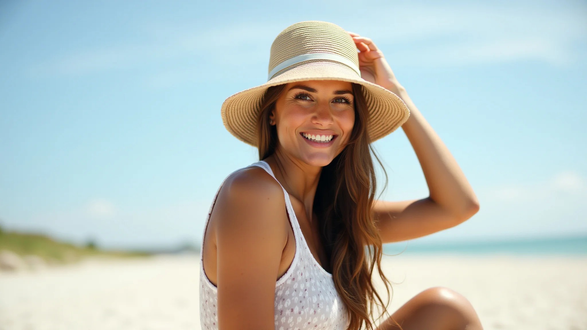 Mulher com bucket hat na praia, estilo moderno e pose relaxada.