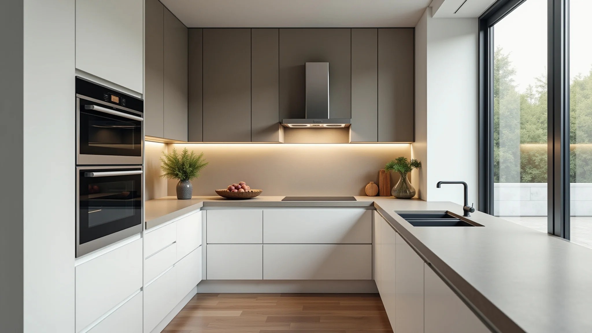 Eletrodomésticos embutidos em cozinha de canto moderna com design clean e iluminação.