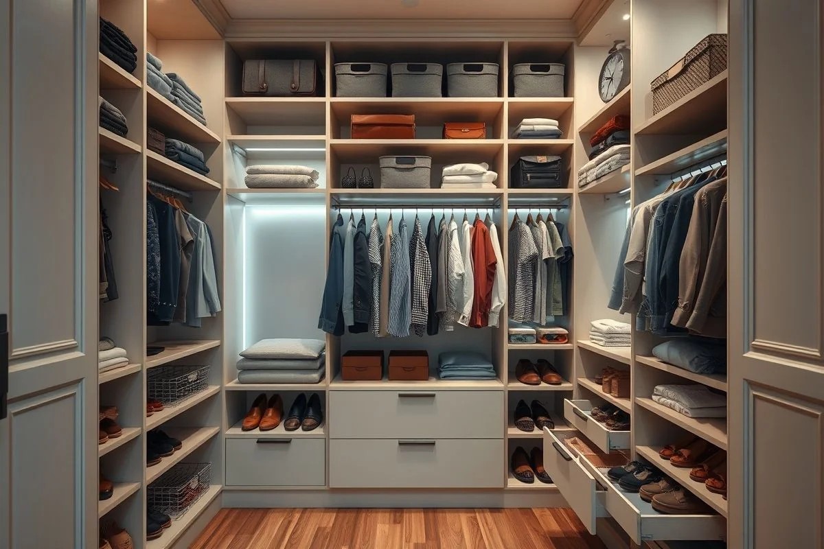 Interior de guarda roupa planejado, organização impecável de roupas e acessórios