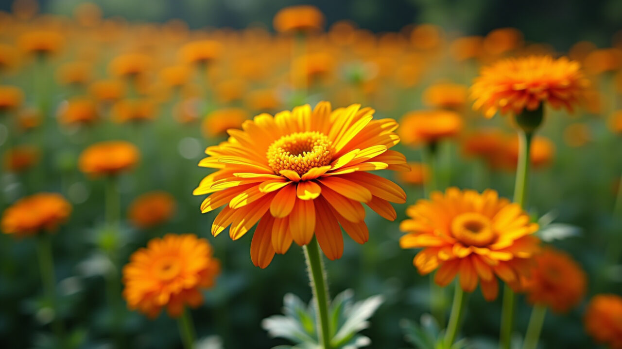 Calêndulas em jardim brasileiro com ervas medicinais.
