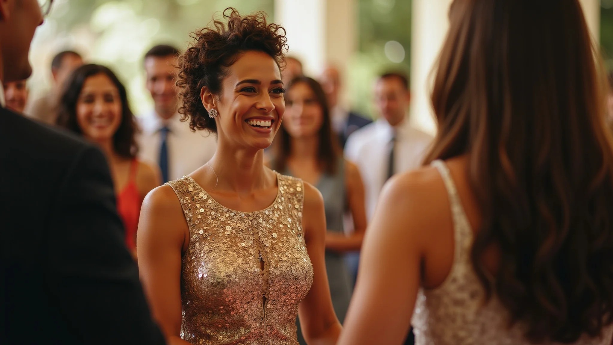 Convidada em vestido de paetê dourado rindo com amigos em casamento.