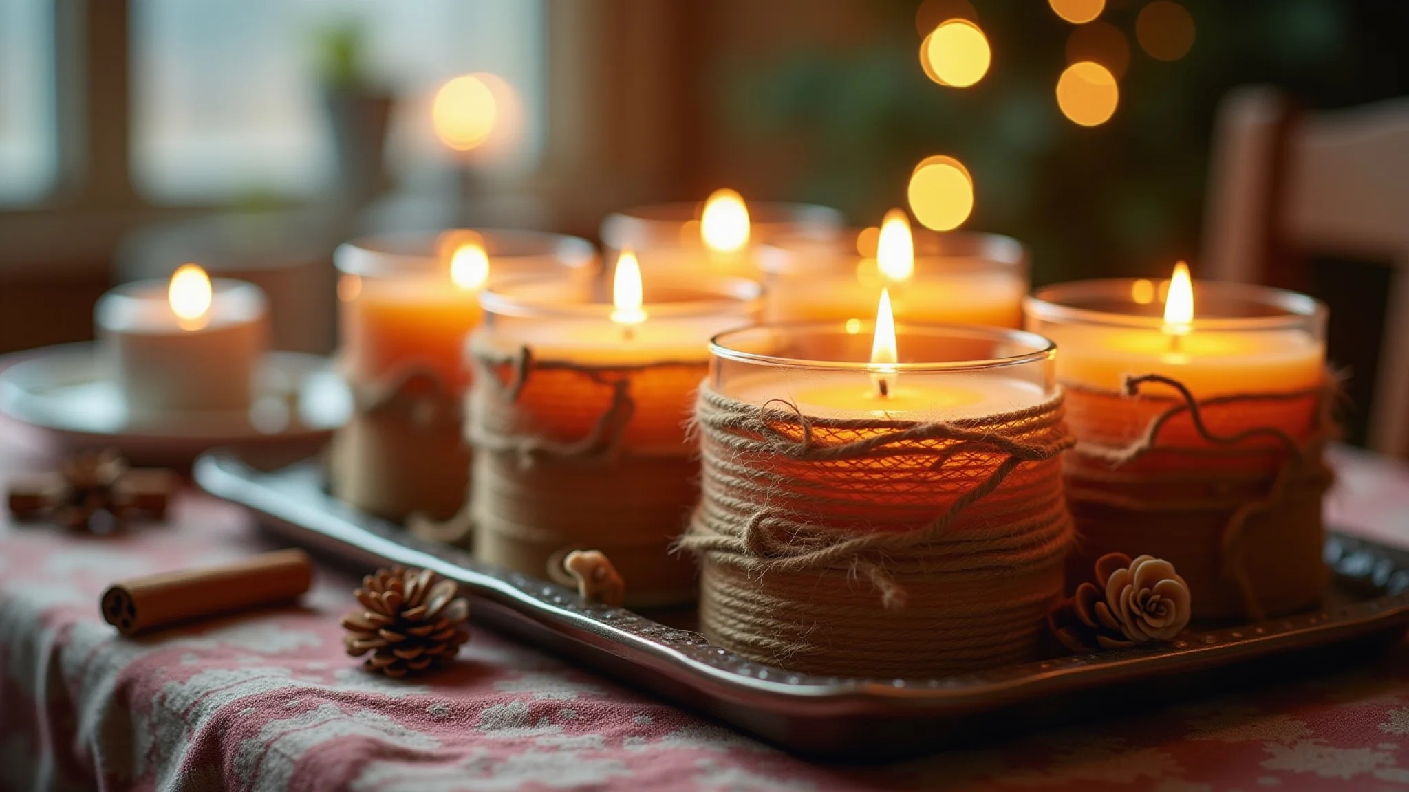 Velas decoradas com canela e barbante em mesa festiva de Natal.