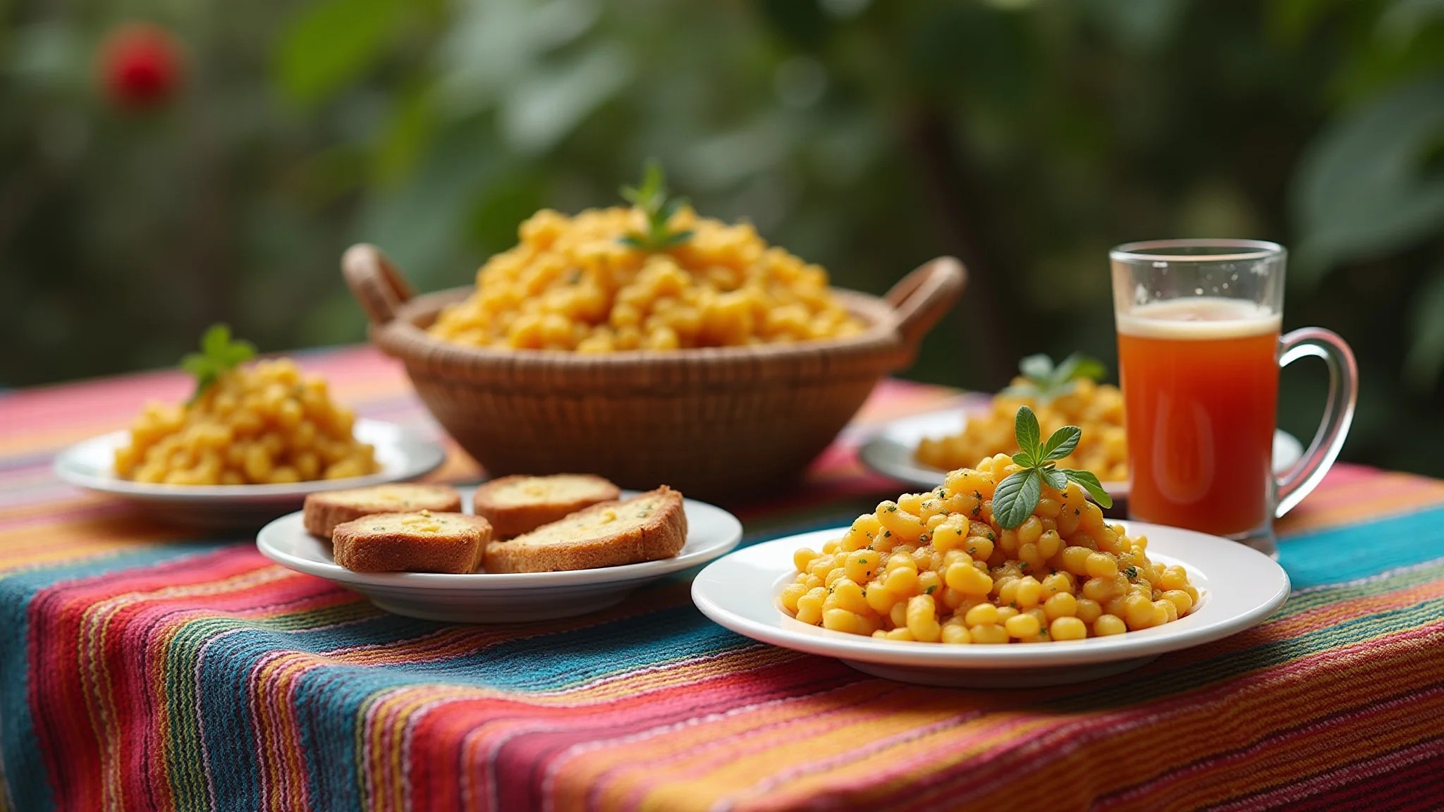 Mesa posta com canga colorida como toalha, ambiente externo e comida brasileira.