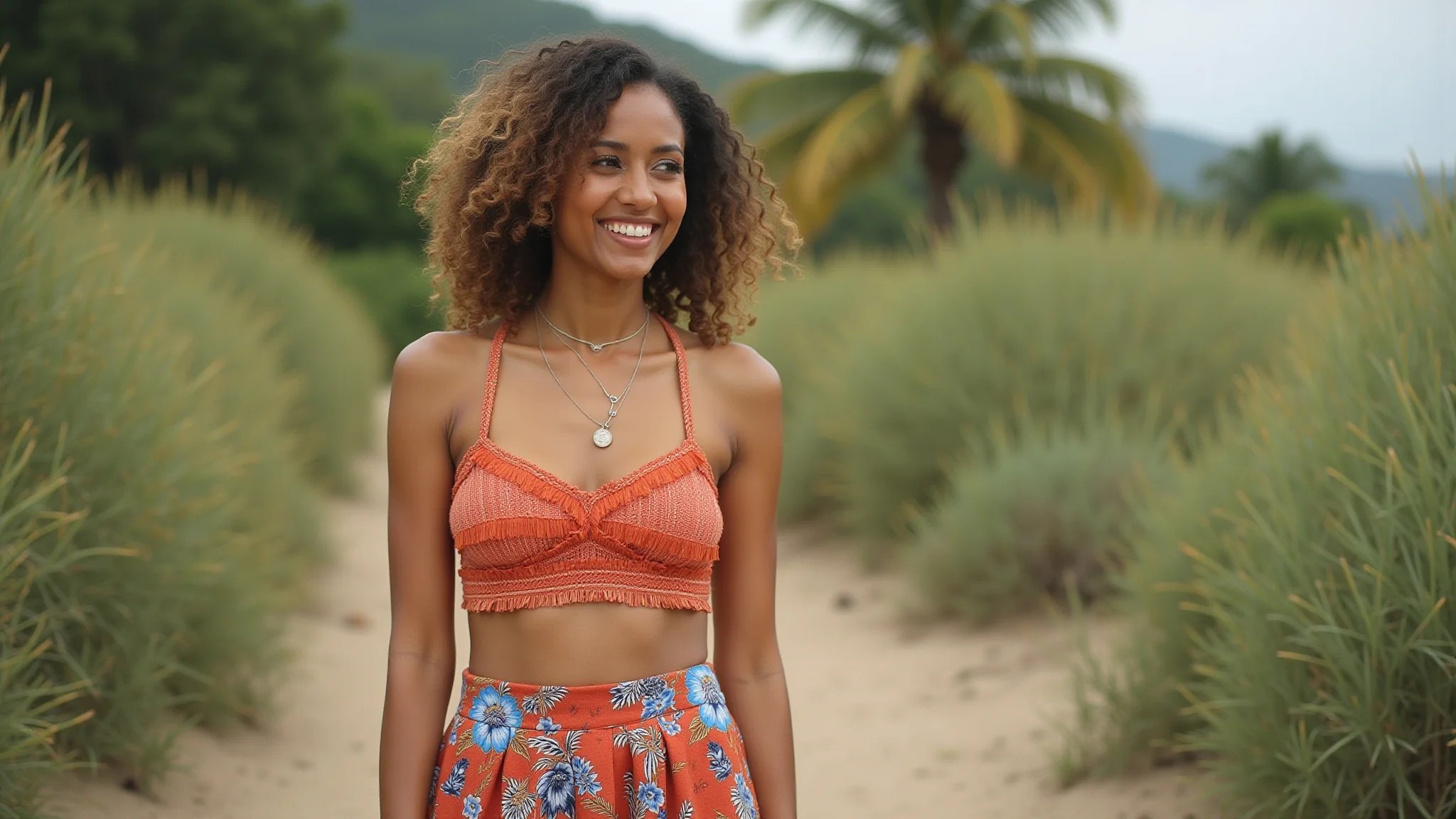 Canga estampada usada como saia midi estilosa, combinada com top cropped e acessórios modernos.