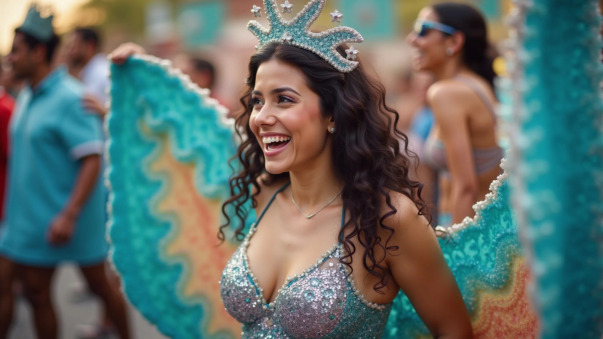 Mulher em fantasia de sereia DIY no carnaval de rua, cores vibrantes e alegria.