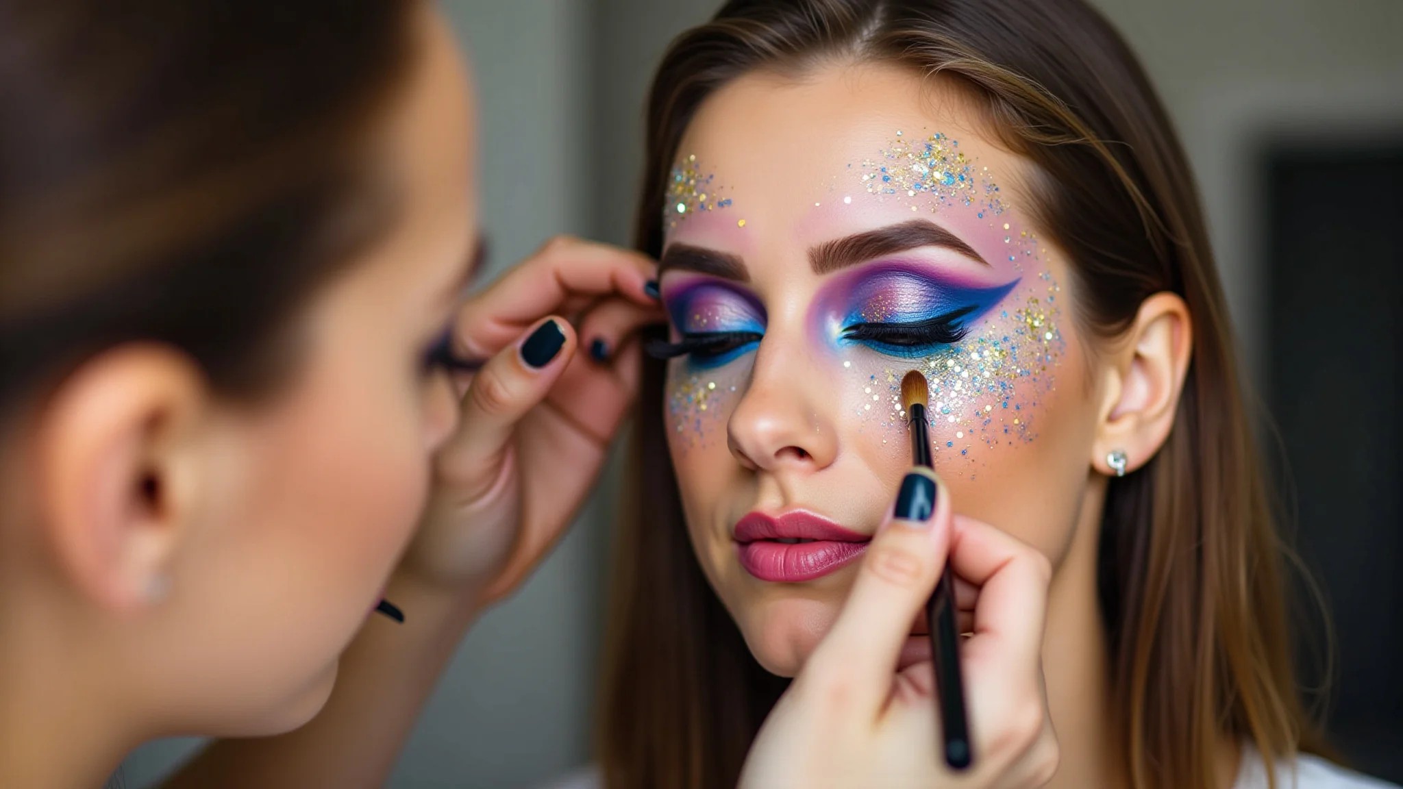 Tutorial de maquiagem de carnaval: mulher aplicando glitter colorido no rosto.