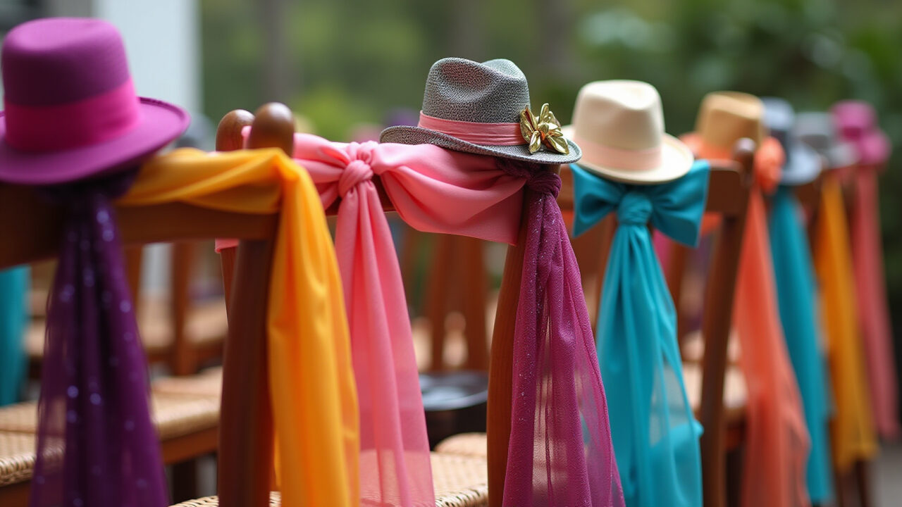 Adereços de Carnaval coloridos nas cadeiras para decoração.