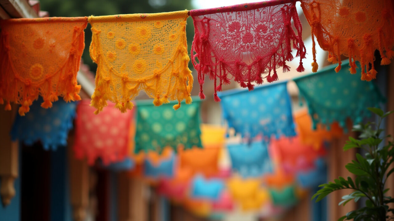 Decoração de Carnaval com bandeirinhas de chita colorida.