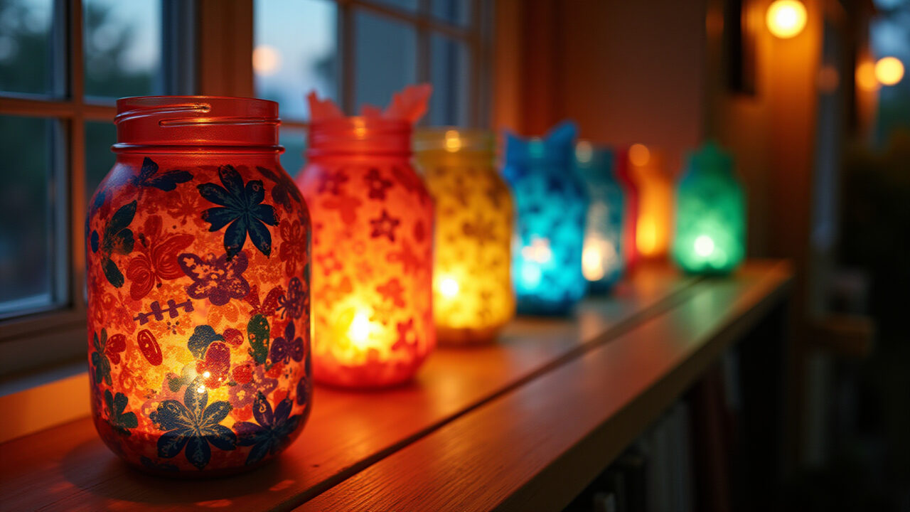 Luminárias de Carnaval feitas com potes de vidro decorados.