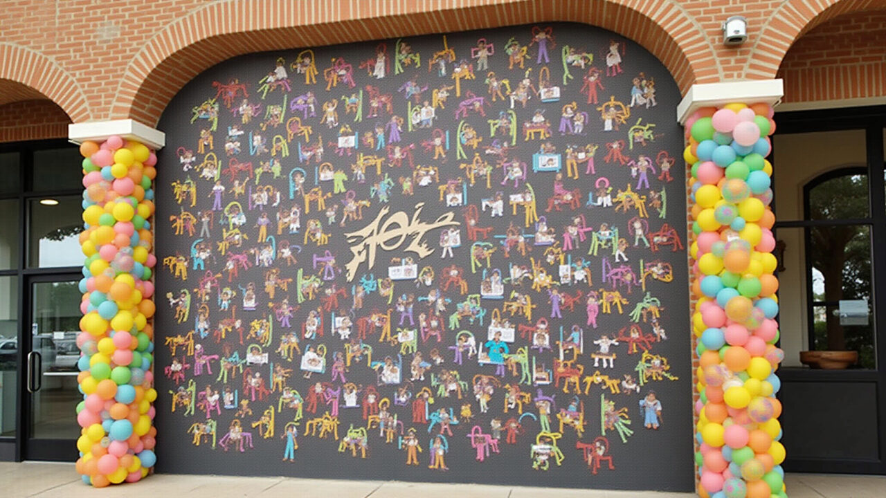 Mural de fotos temático de Carnaval com momentos dos carnavais passados.
