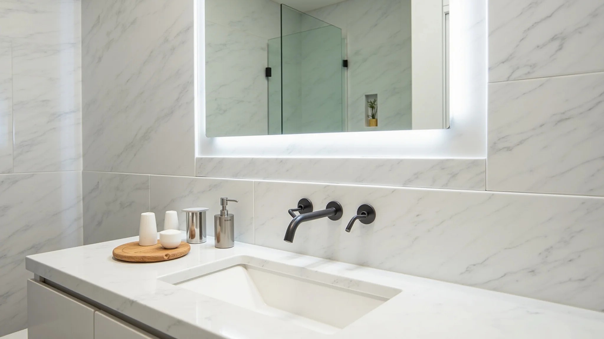 Filete de mármore Carrara como faixa horizontal em banheiro iluminado com design minimalista.