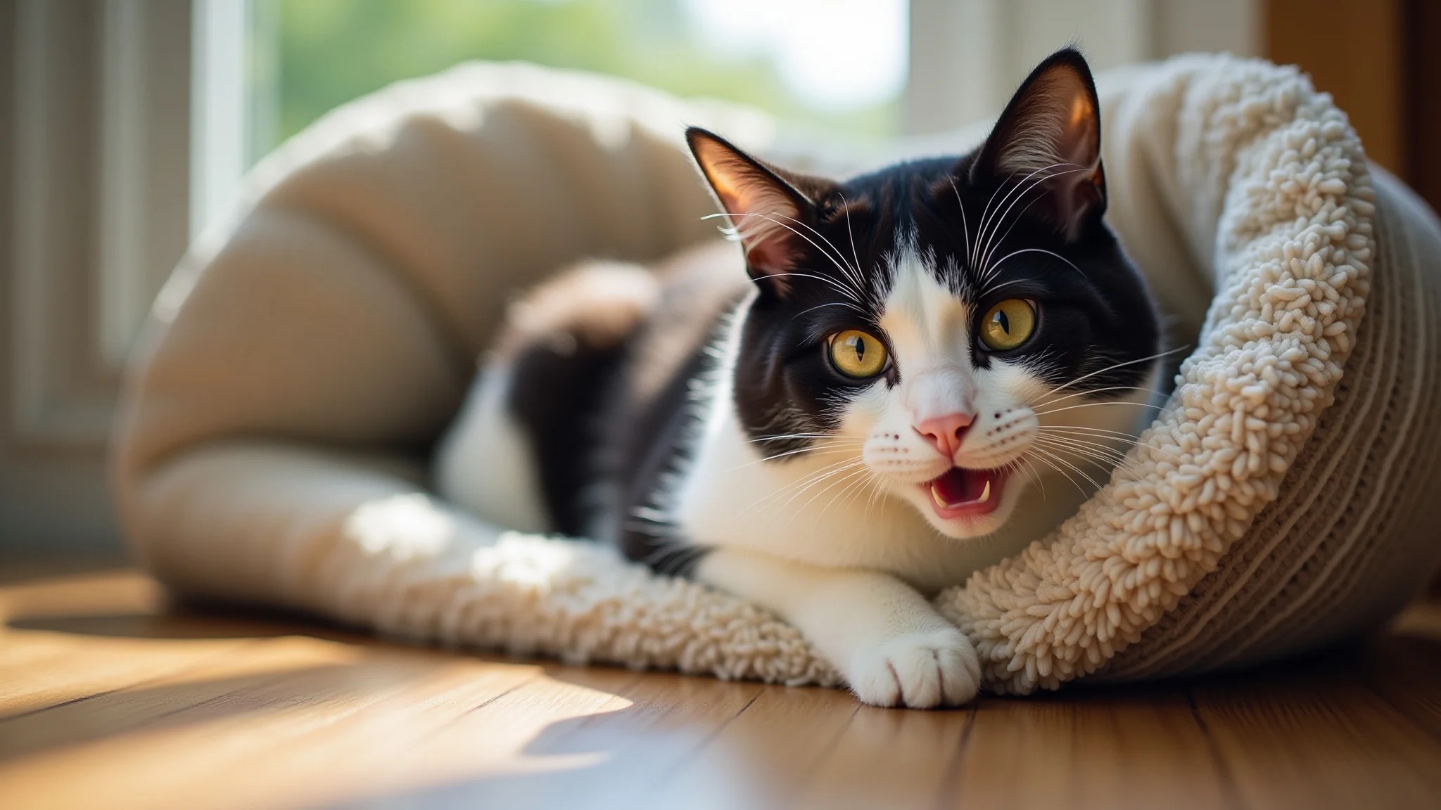 Gato atraído por nova cama com catnip, expressão feliz.