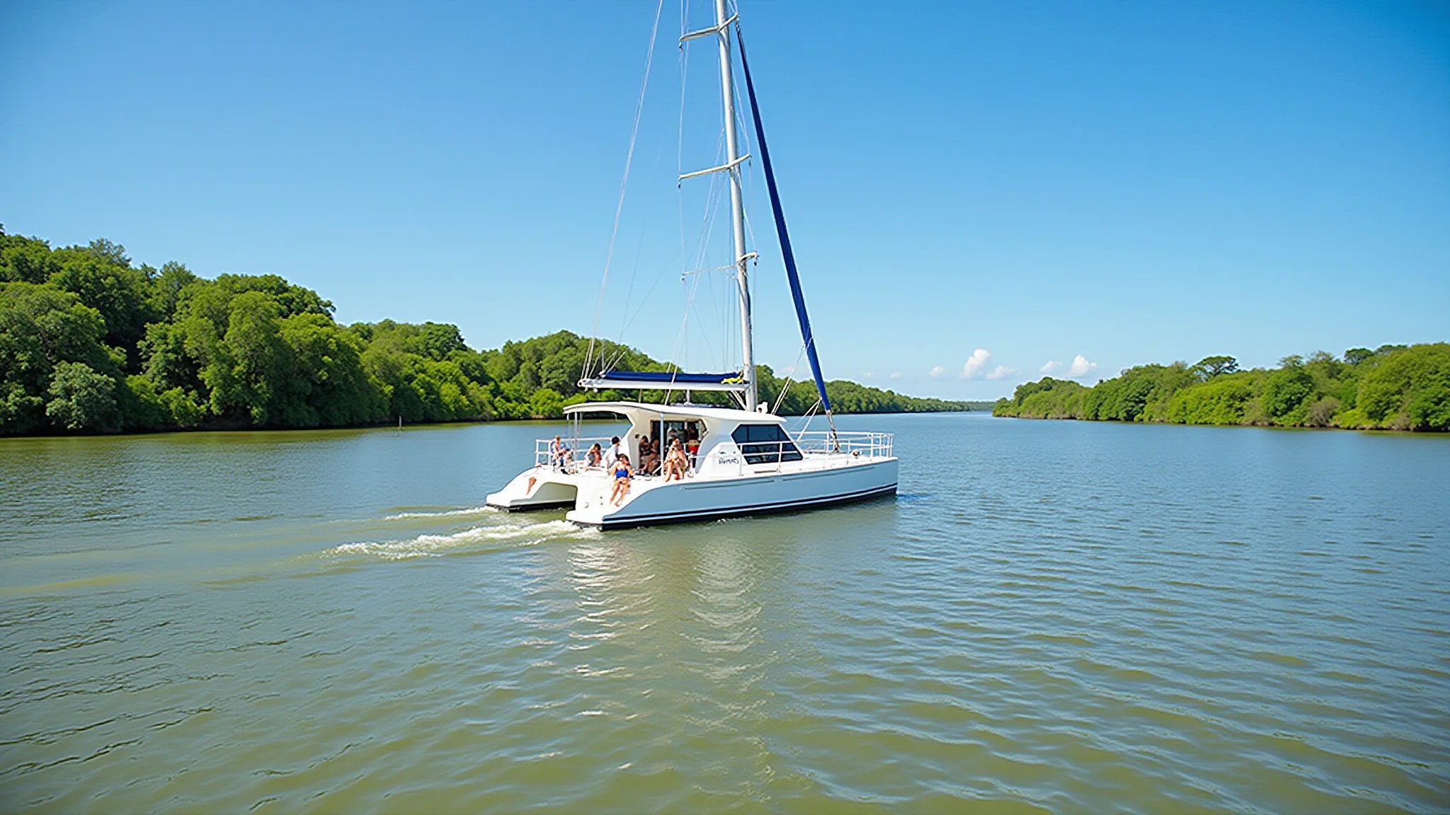 Passeio de catamarã no Rio Sergipe com paisagem exuberante e céu azul.