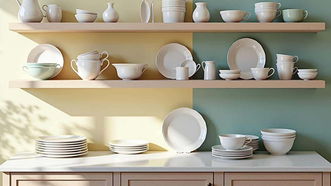 Utensílios de cerâmica e porcelana em prateleiras abertas na cozinha provençal.