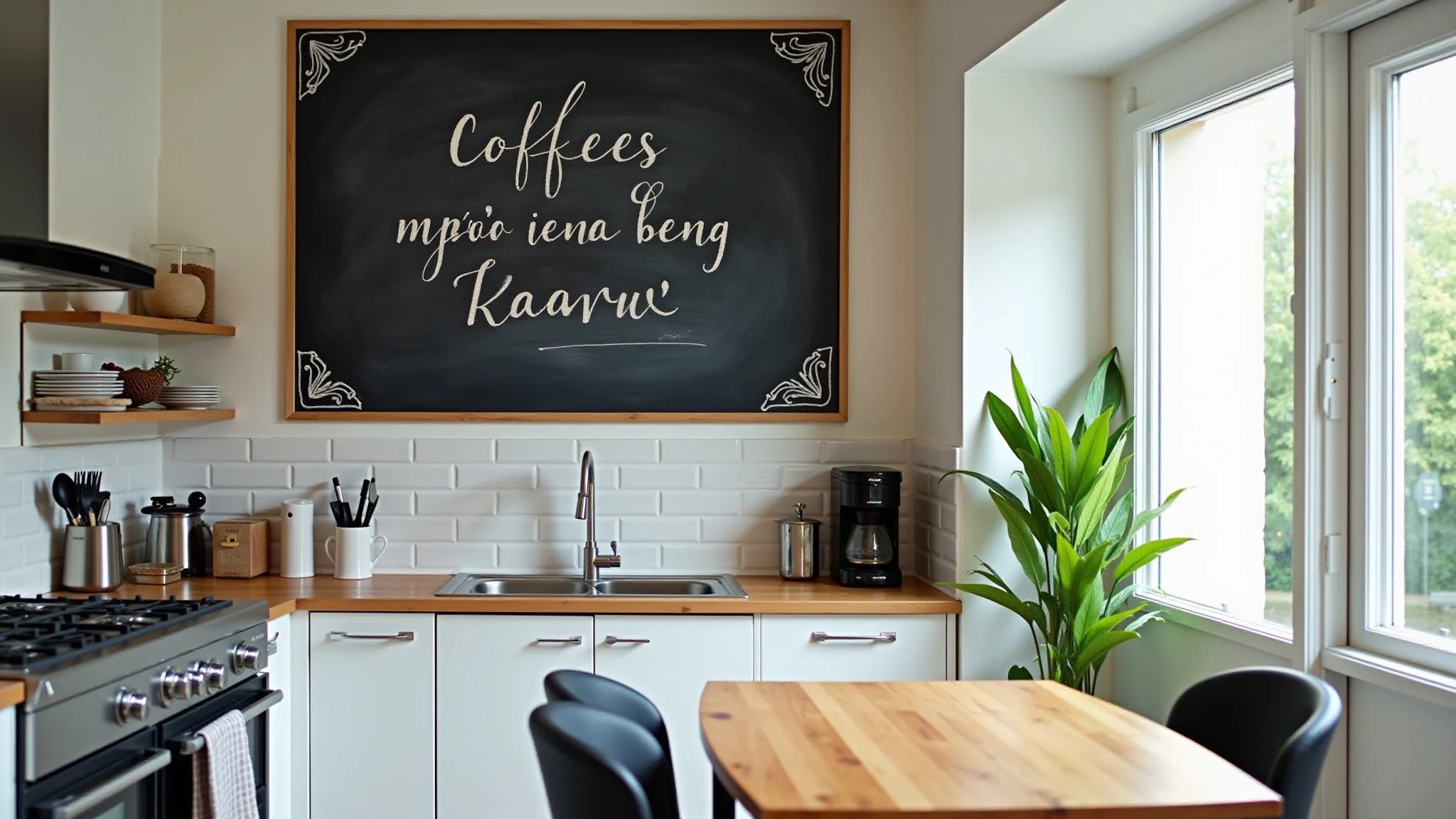 Frase inspiradora em parede de lousa no cantinho do café na cozinha.