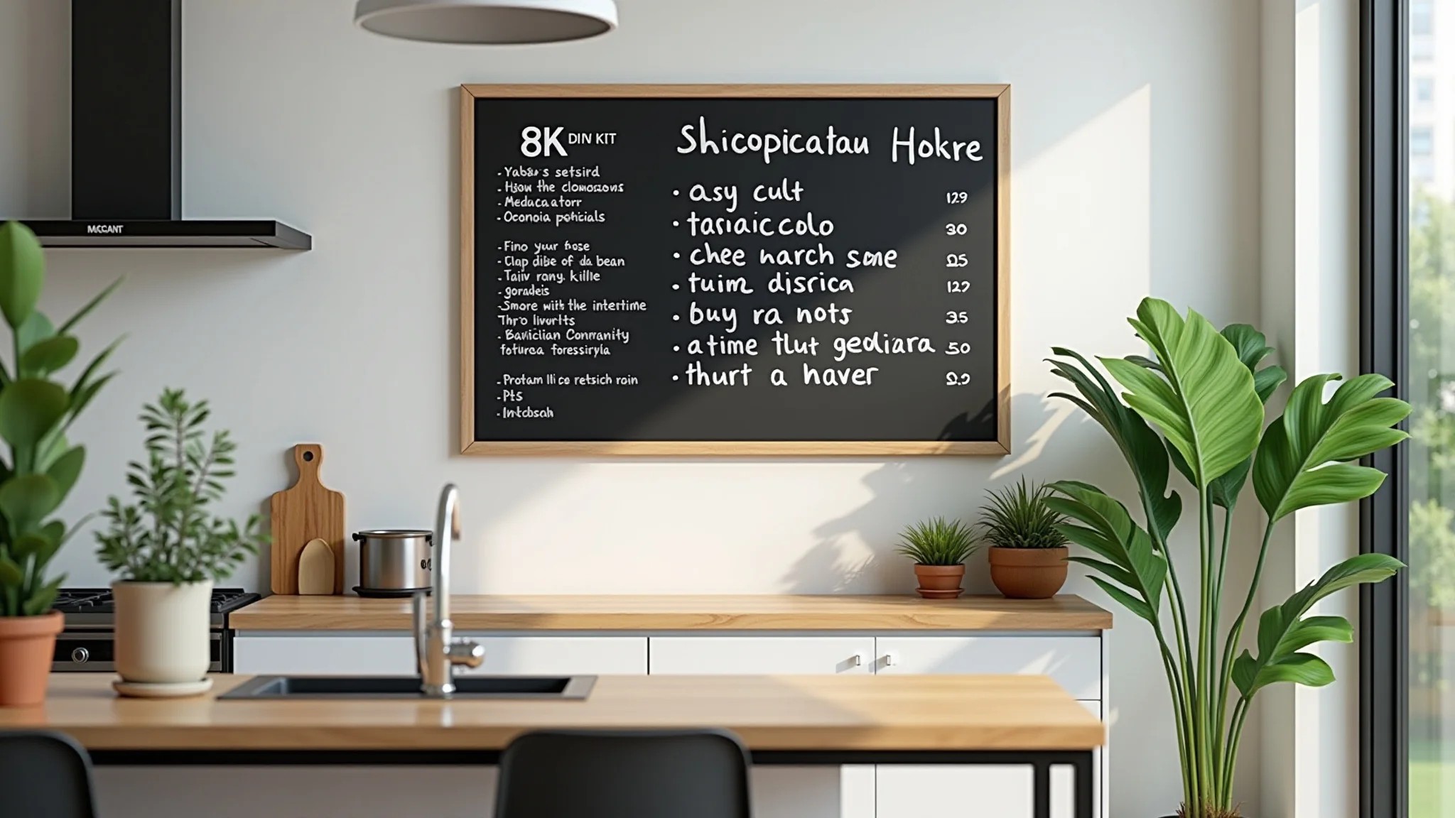 Lista de compras em parede de lousa numa cozinha moderna com plantas.