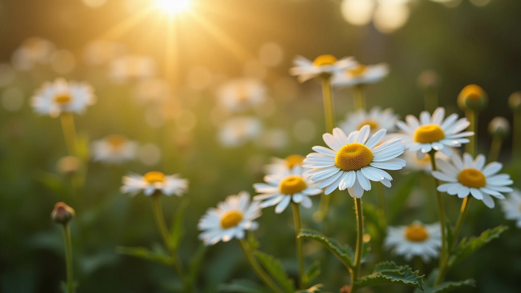 Flores de camomila em um jardim, luz suave da hora dourada, fotografia profissional.