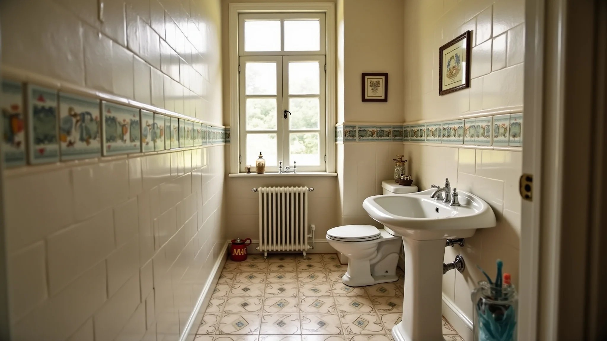 Banheiro charmoso com azulejos decorados e estilo vintage.