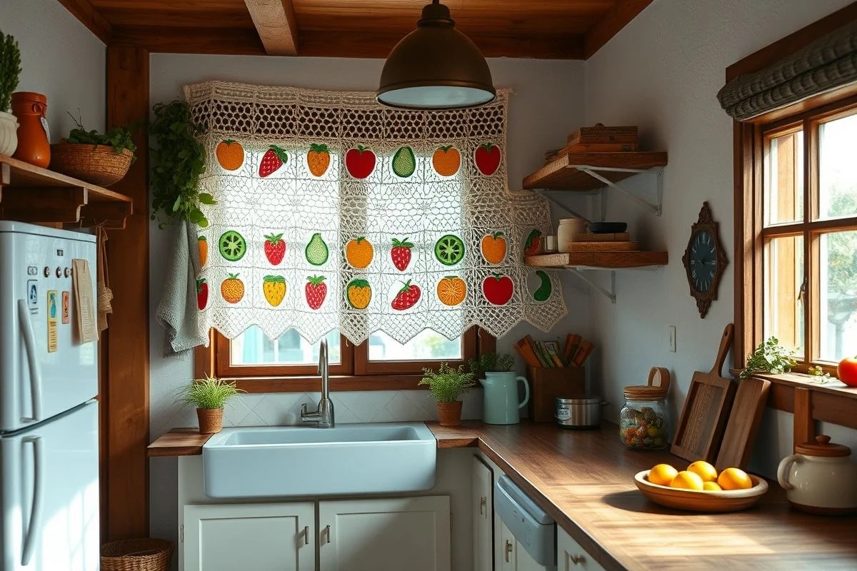 Cozinha charmosa, cortina crochê frutas e legumes, luz natural, rústico.