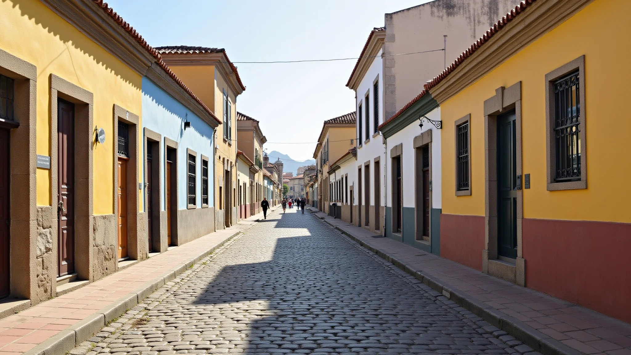 Rua colonial charmosa em Colonia del Sacramento, Uruguai, calçamento de pedra, edifícios coloridos.