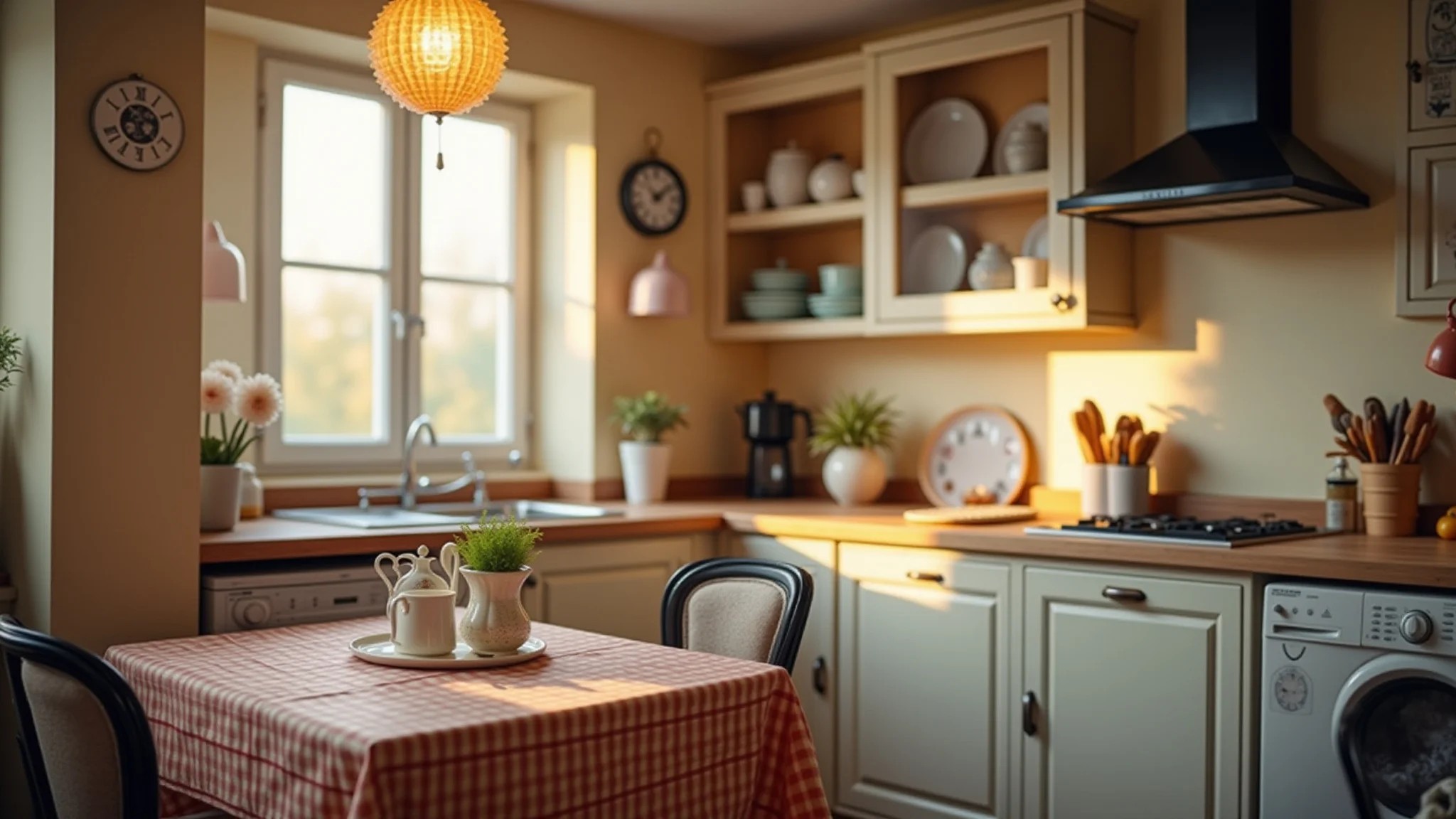 Cozinha charmosa com mesa estilo bistrô, toque parisiense e decoração aconchegante.