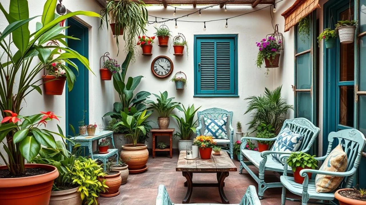 Pequeno pátio brasileiro decorado com plantas, luzes e móveis reciclados. Decoração acessível e charmosa.