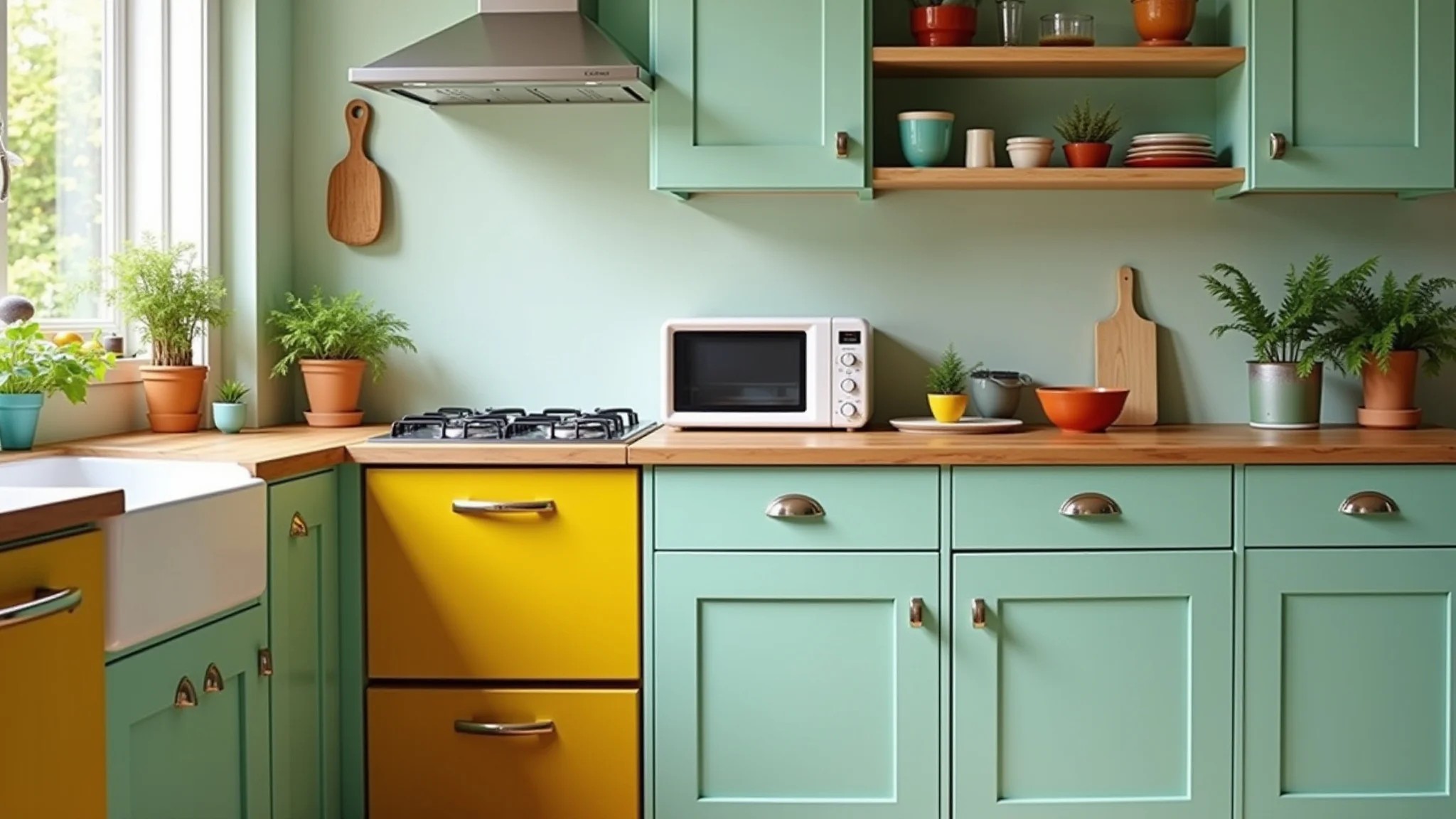 Cozinha alegre com armários verde menta e eletrodomésticos amarelo mostarda.