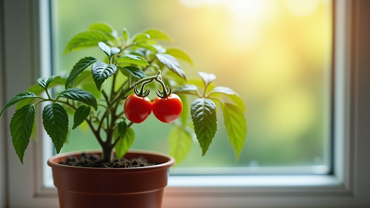 Tomate cereja em vaso na janela ensolarada.