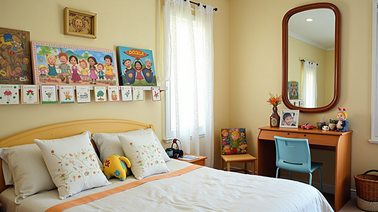 Quarto infantil com prateleira para quadros exibindo desenhos e personagens favoritos.
