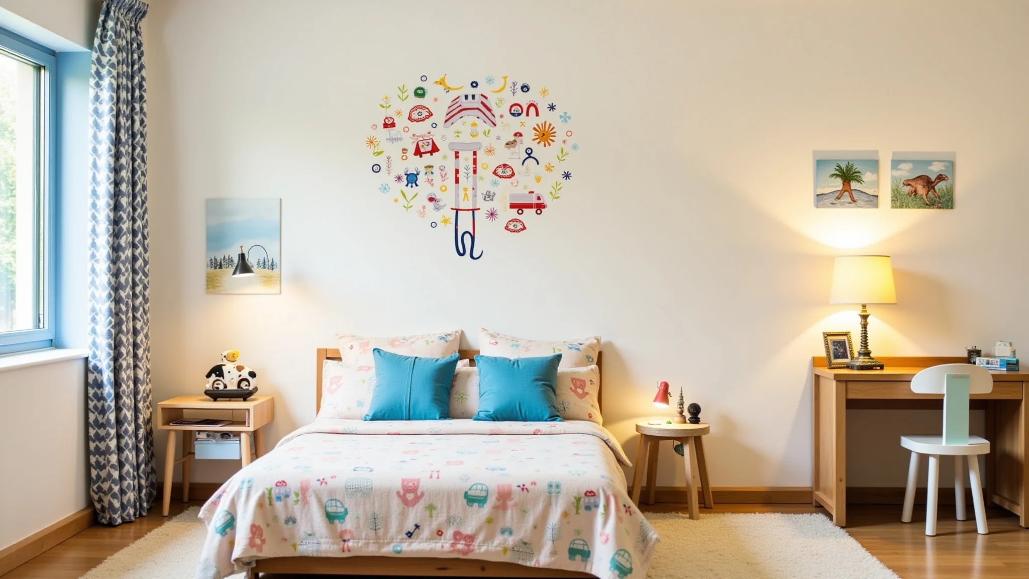 Quarto infantil com adesivos de parede e decoração personalizada.