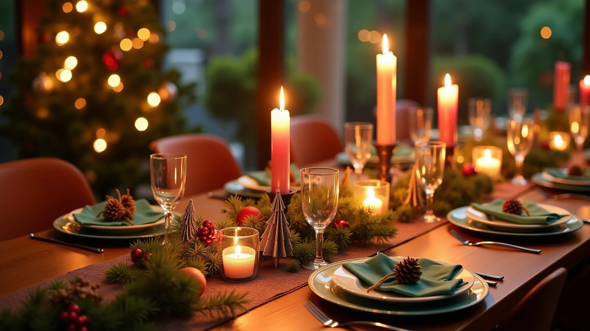 Mesa de Natal 2025 em estilo brasileiro, louças coloridas e decoração festiva.
