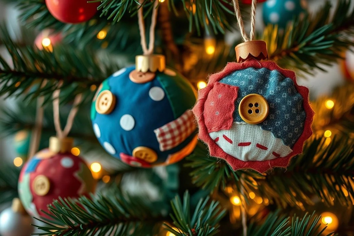 Árvore de Natal decorada com enfeites de tecido patchwork e botões.