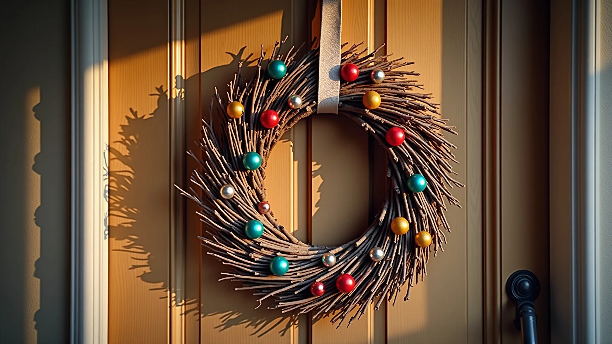 Guirlanda de Natal feita com galhos secos e bolas coloridas na porta.