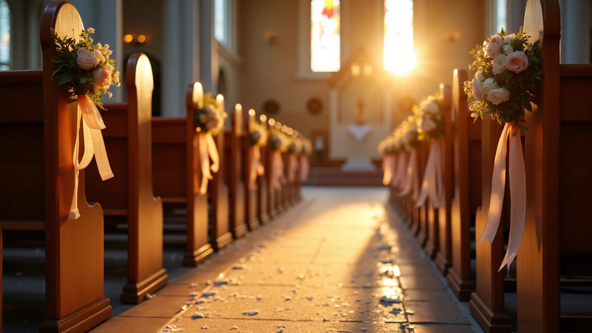 Decoração do corredor da igreja para casamento com gipsofila e luzes de fada.