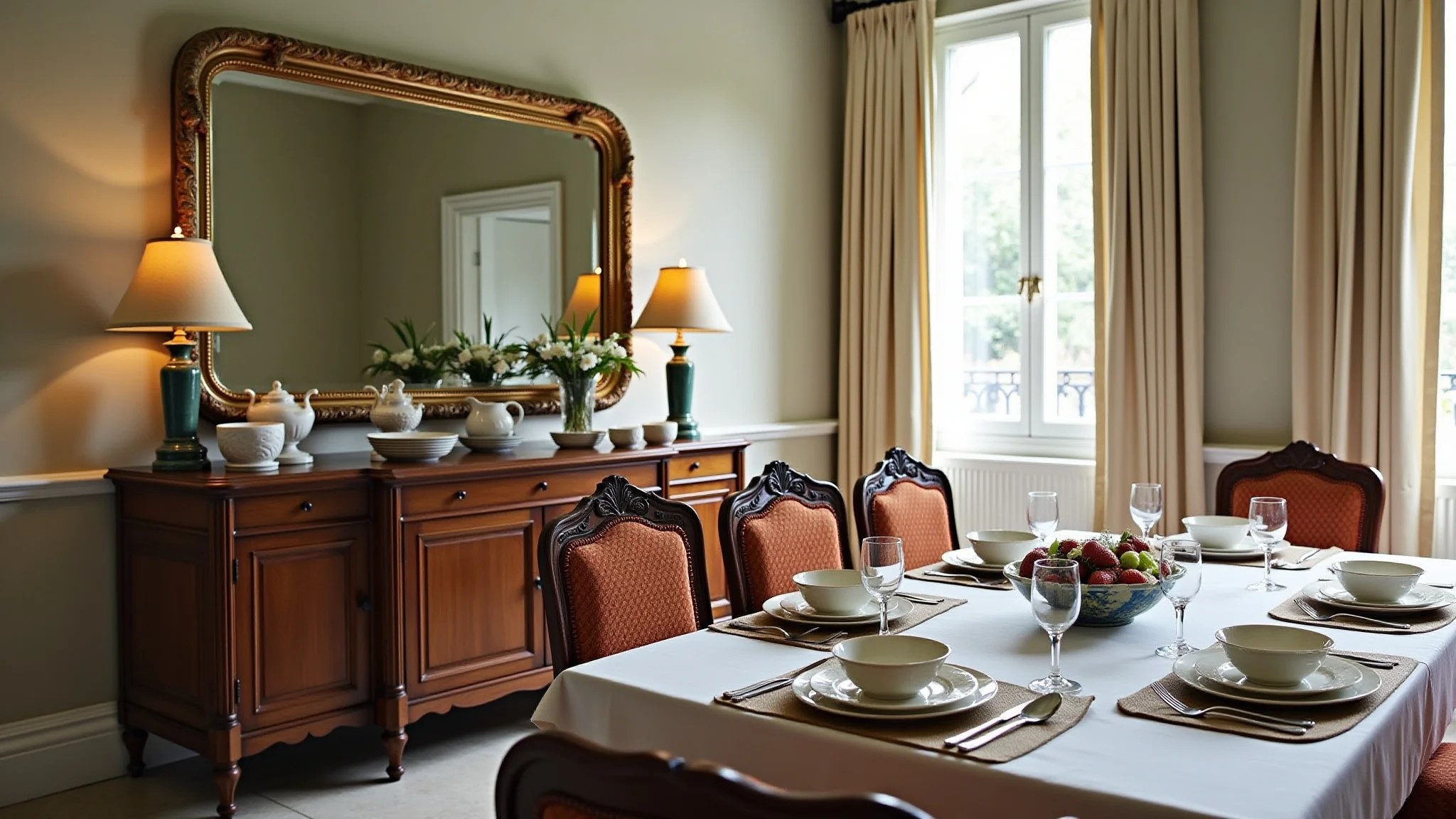 Sala de jantar clássica com buffet decorado com porcelana e prata.