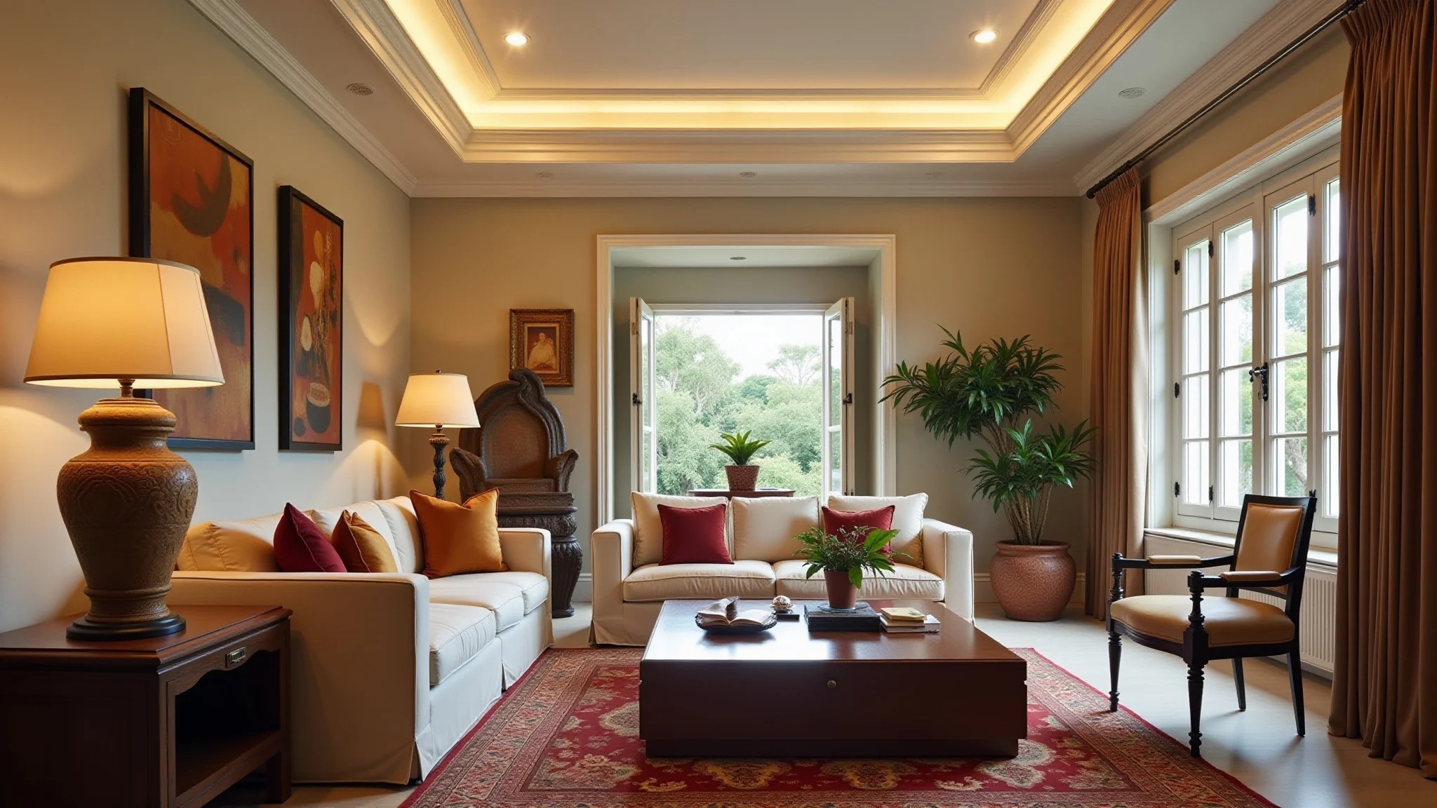 Sala clássica com sanca de gesso com molduras, iluminação quente e decoração artesanal brasileira.