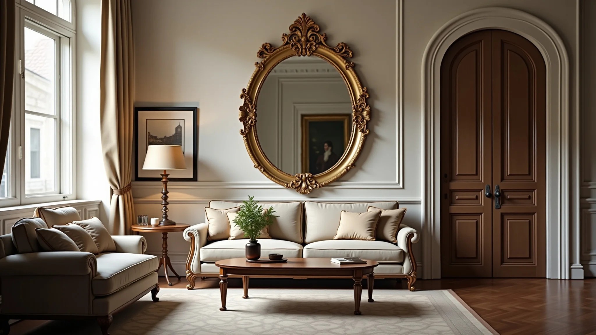 Sala clássica com espelho emoldurado dourado e decoração elegante.