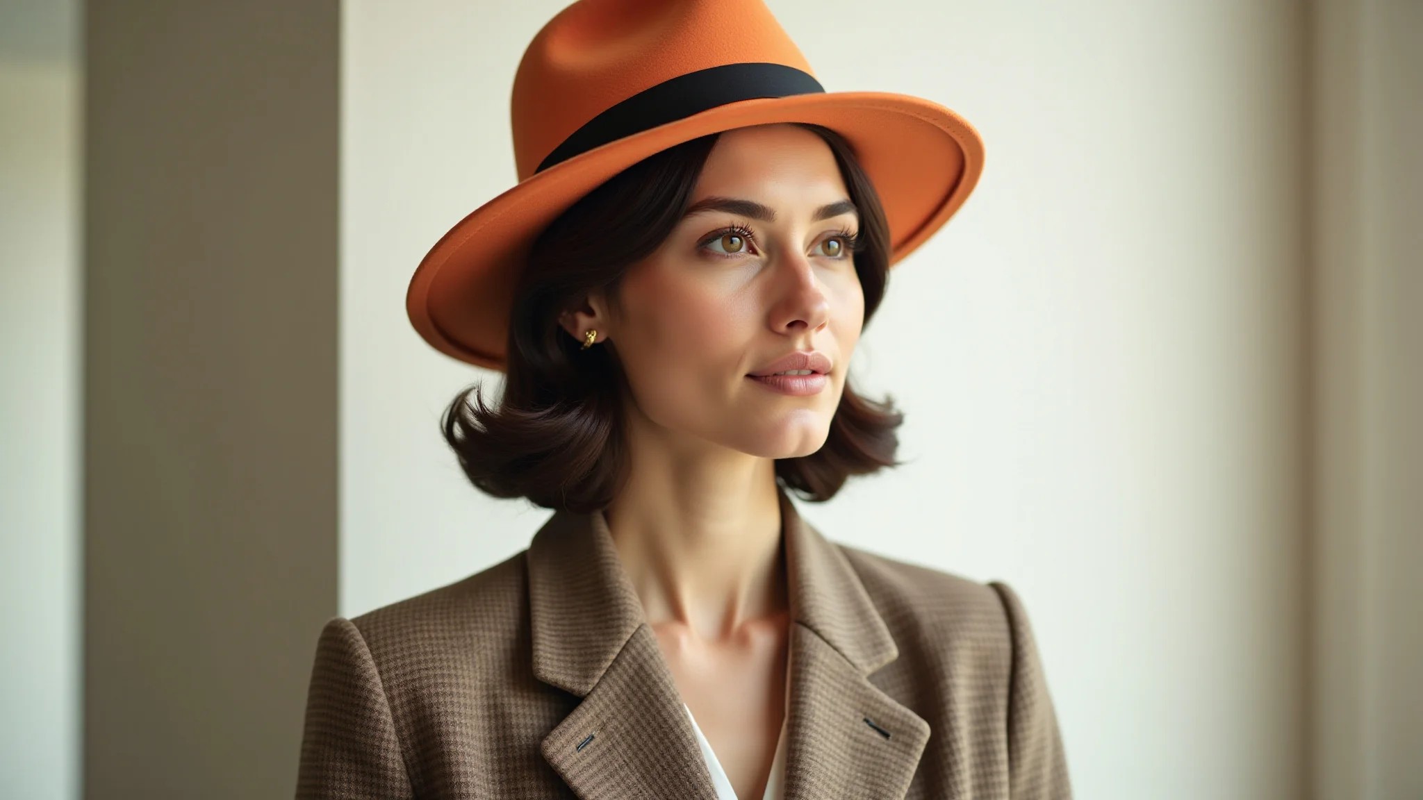 Mulher clássica com terno e chapéu melon, visual sofisticado em iluminação interna.